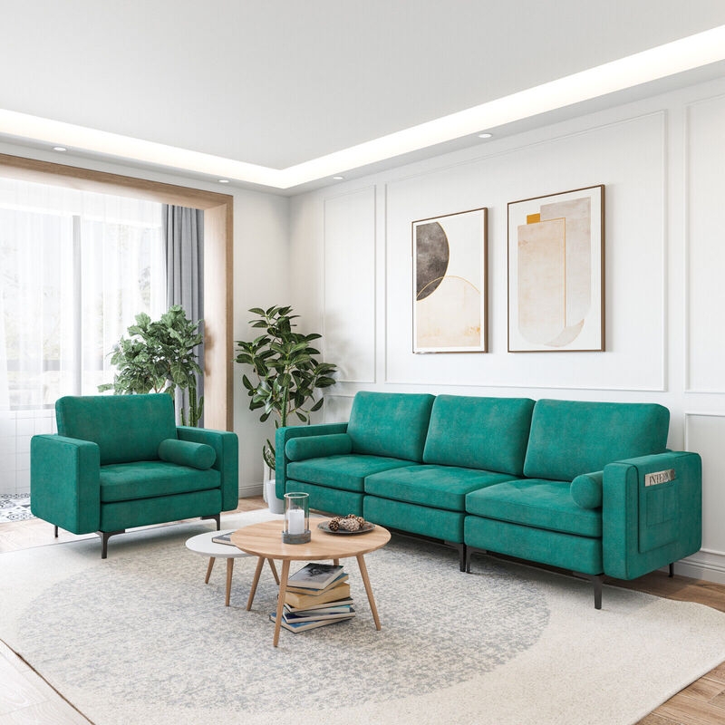 L-Shaped Sectional Sofa in Vibrant Teal with Tapered Legs and USB Port.