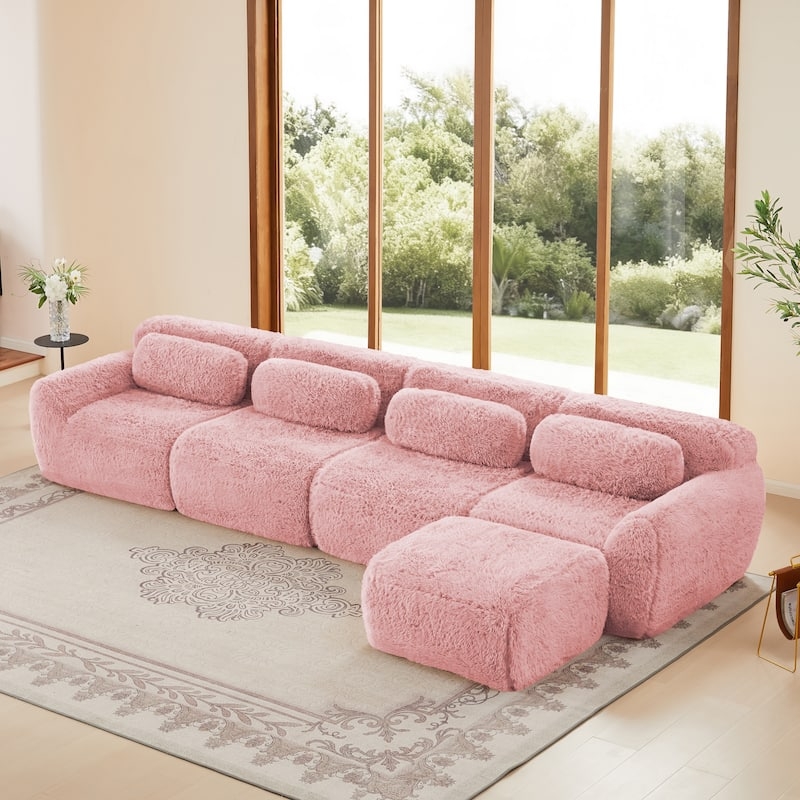 L-Shaped Sectional Sofa, Light Khaki Plush Textile, Low Profile Modular