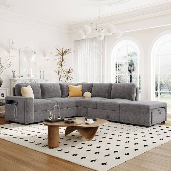 L-shaped Sectional Sofa Linen-like Modular with Storage Ottoman and USB