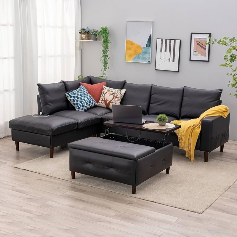 L-shaped Sectional Sofa Matte Black Leather Look with Extra Wide Chaise