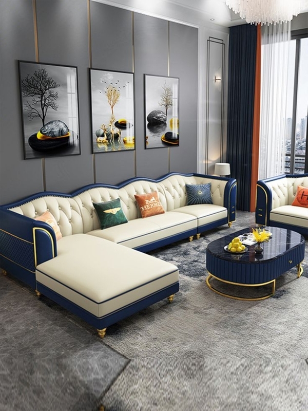 L-Shaped Sectional Sofa Navy Blue Low Profile Contemporary