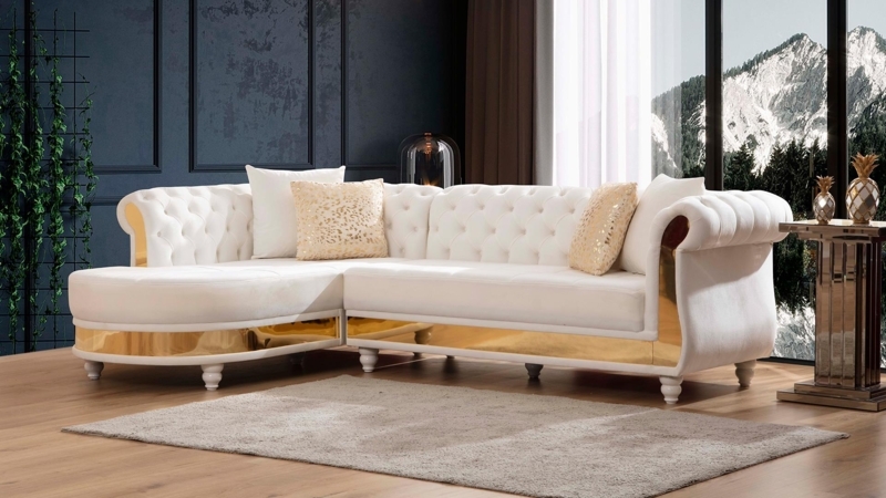 L-Shaped Sectional Sofa Off-White Velvet Nailhead Trim