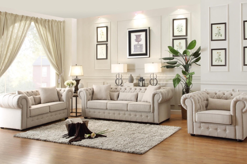 L-Shaped Sectional Sofa Set Tufted Seat Woven Cream Transitional