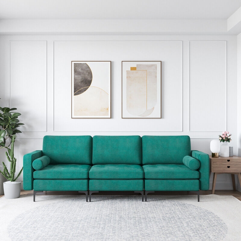 L-shaped Sectional Sofa Vibrant Teal Woven Fabric with Slim Metal Legs