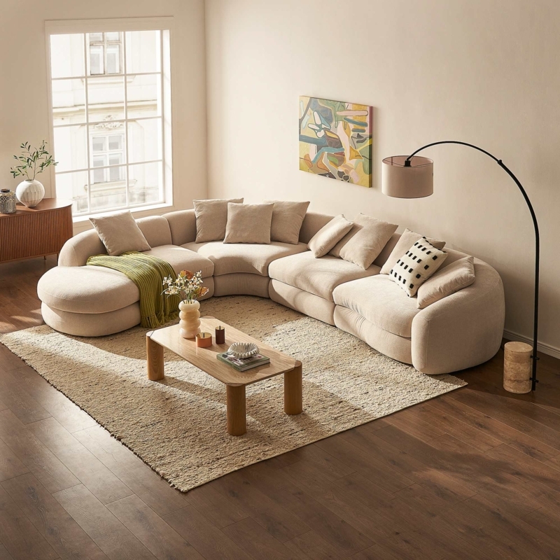 L-Shaped Sectional Sofa, White Boucle Extended Chaise Low Profile
