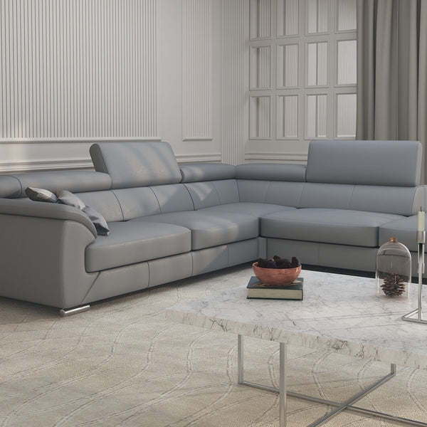 L-Shaped Sectional Sofa with Adjustable Headrests, Polished Metal Legs.