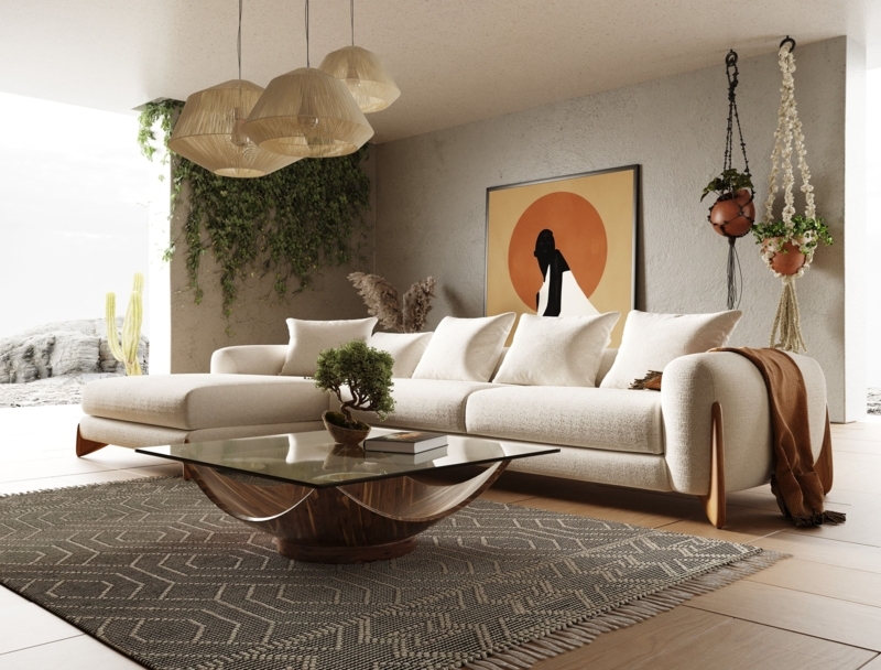 L-Shaped Sectional Sofa with Integrated Walnut Wood Base