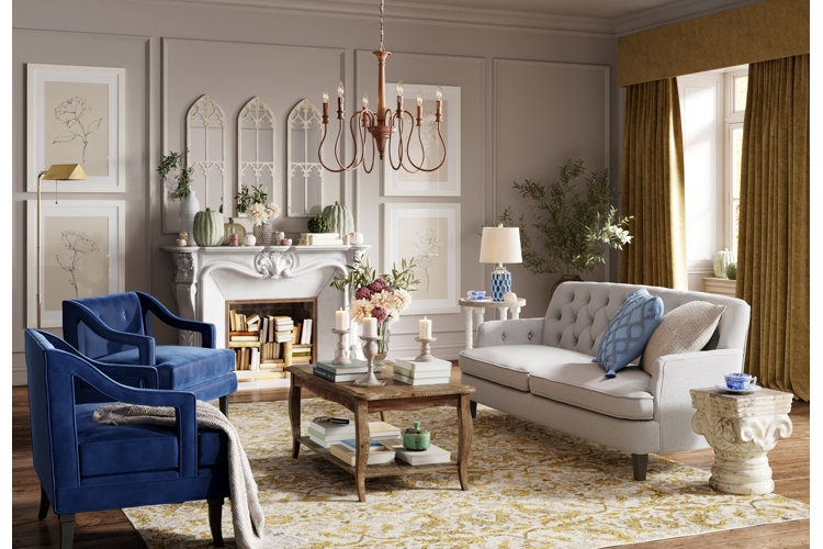L-Shaped Sectional Sofa With Navy Curtain Contrast and Chaise Style