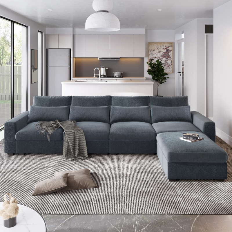 L-Shaped Sectional Sofa with Reversible Chaise and Tapered Wood Legs.