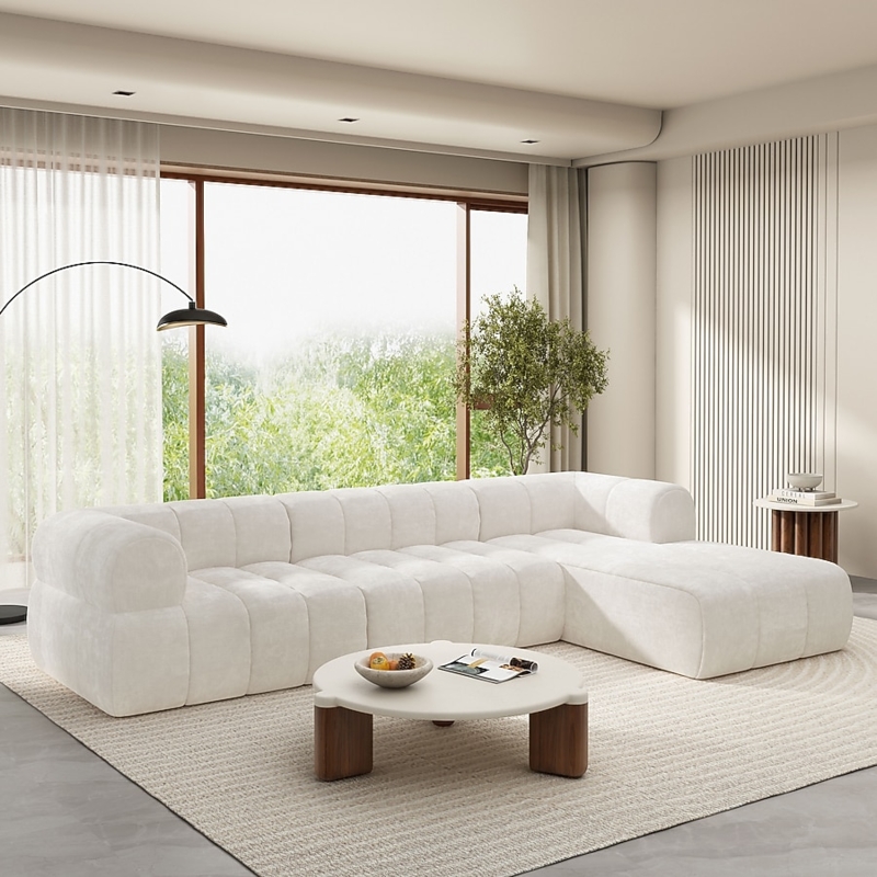 L-Shaped Sectional Sofa with Wide Track Arms, Beige Linen Fabric