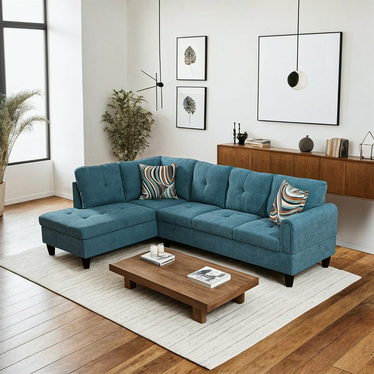L-Shaped Sectional Vertical Tufting Tapered Legs Mid Century Style