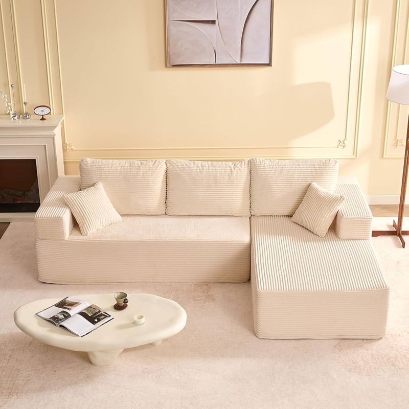 L-shaped Sectional White Corduroy Modular Deep Seating