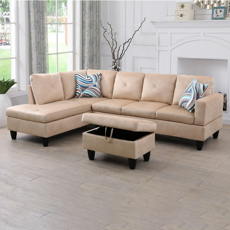 L-Shaped Sectional with Ottoman Woven Fabric Box Cushions