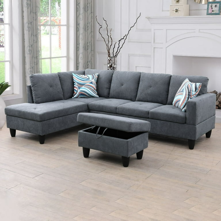 L-Shaped Sofa with Ottoman Grey Linen-Like Fabric Track Arms