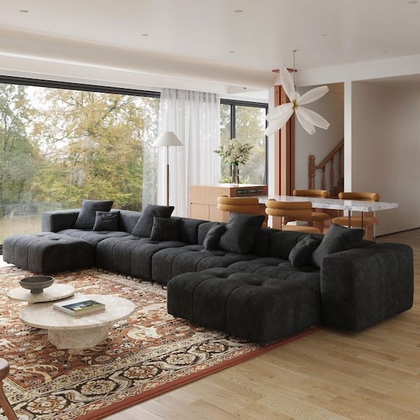 Large Black Modular Sectional Sofa in U-Shaped Layout