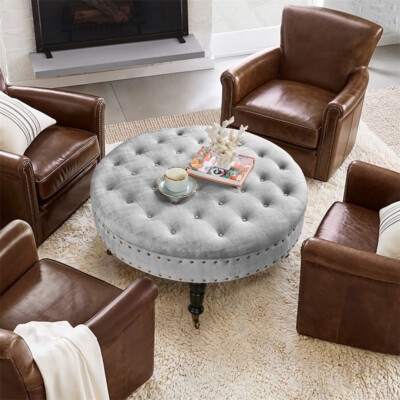 Large Charcoal Grey Velvet Tufted Round Ottoman with Caster Wheels