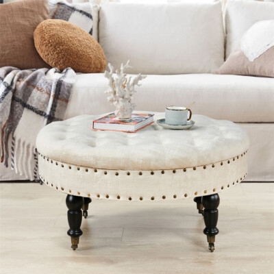 Large Charcoal Velvet Round Ottoman with Caster Wheels, Tufted