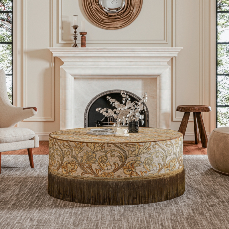 Large Cream Round Upholstered Ottoman, Tassel Fringe