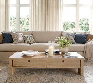 Large Rectangular Wood Coffee Table Chunky Trestle Base Thick Top