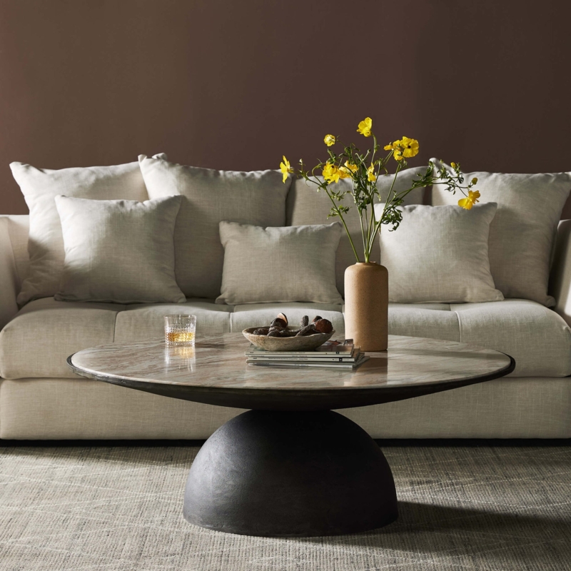 Large Round Coffee Table with Thick Creamy Taupe Marble Pedestal Base