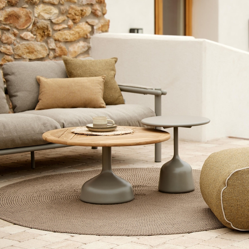 Large Round Outdoor Coffee Table with Smooth Matte Stone Pedestal