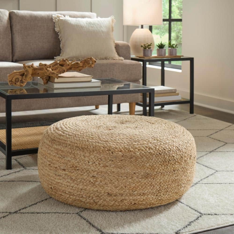 Large Round Pouf, Spiral Braided Jute, Natural Fiber Floor Ottoman Accent