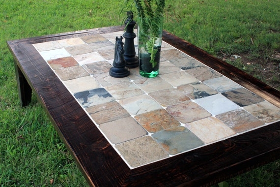 Large Slate Tile Coffee Table Wood Frame Rustic Craftsman