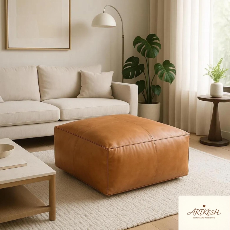 Large Square Leather-Like Pouf with Embossed Mandala Top