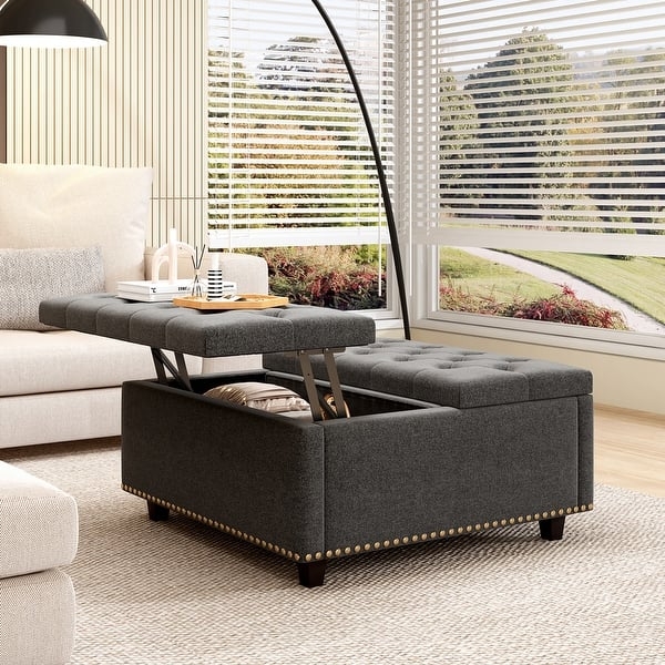 Large Square Storage Ottoman in Cream Tufted Fabric