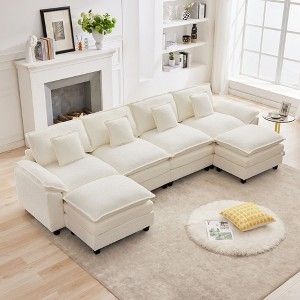 Large U-Shaped Sectional Sofa Beige Chenille 6-Seat Capacity