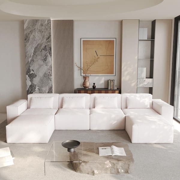 Large U-Shaped Sectional Sofa Beige Velvet Modular