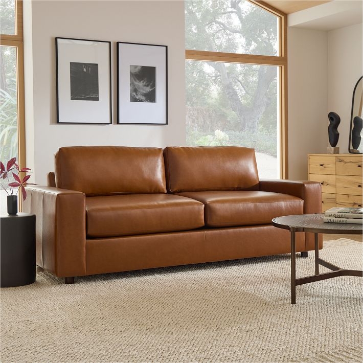 Leather-Like Sleeper Sofa Gray Wood Base Block Silhouette Modern