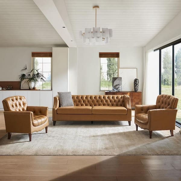 Leather Living Room Set Vertical Channel Tufted Tapered Metal Legs
