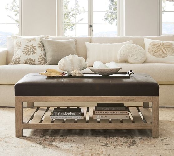 Leather Ottoman Rectangular Large with Stitched Grid Top Detail