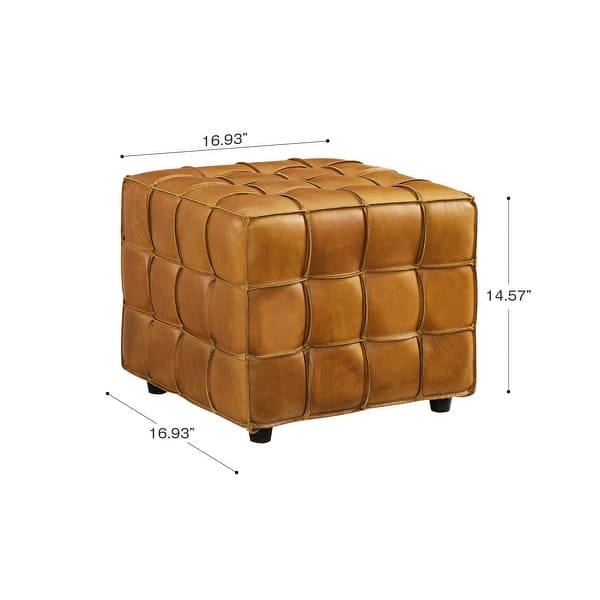 Leather Pouf Square Cognac Cross Stitching Modern Industrial Footrest
