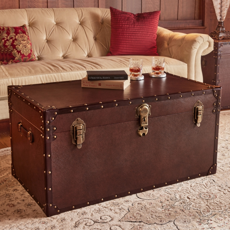 Leather Trunk Coffee Table With Wooden Slats And Lockable Clasps