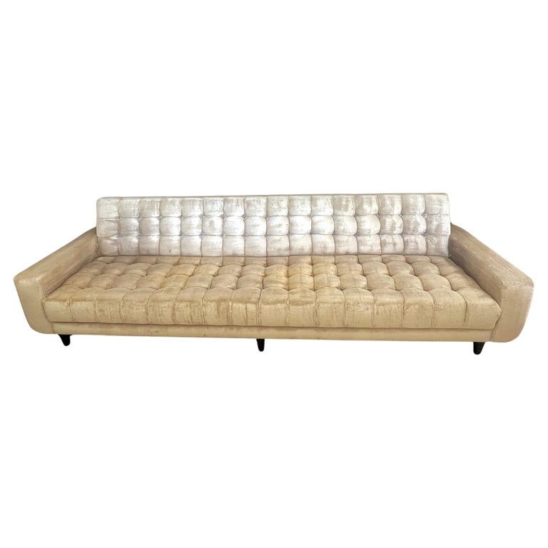 Ledge Back Sofa Cream Velvet-Like Biscuit Tufting Low Profile