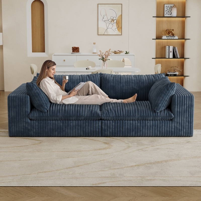 Light Blue Corduroy Sofa with Tapered Legs and Bolster Pillows