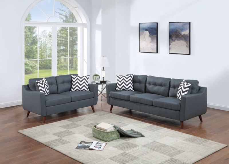 Light Blue Fabric Sofa Set Button Tufted Back Track Arms Transitional