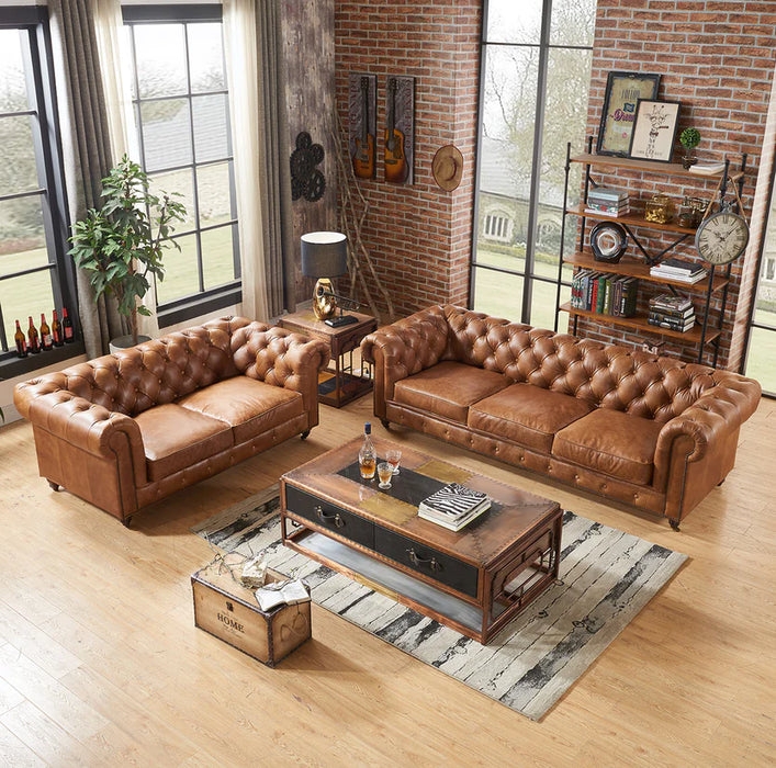 Light Brown Distressed Leather-Like Chesterfield Loveseat, Deep Tufting