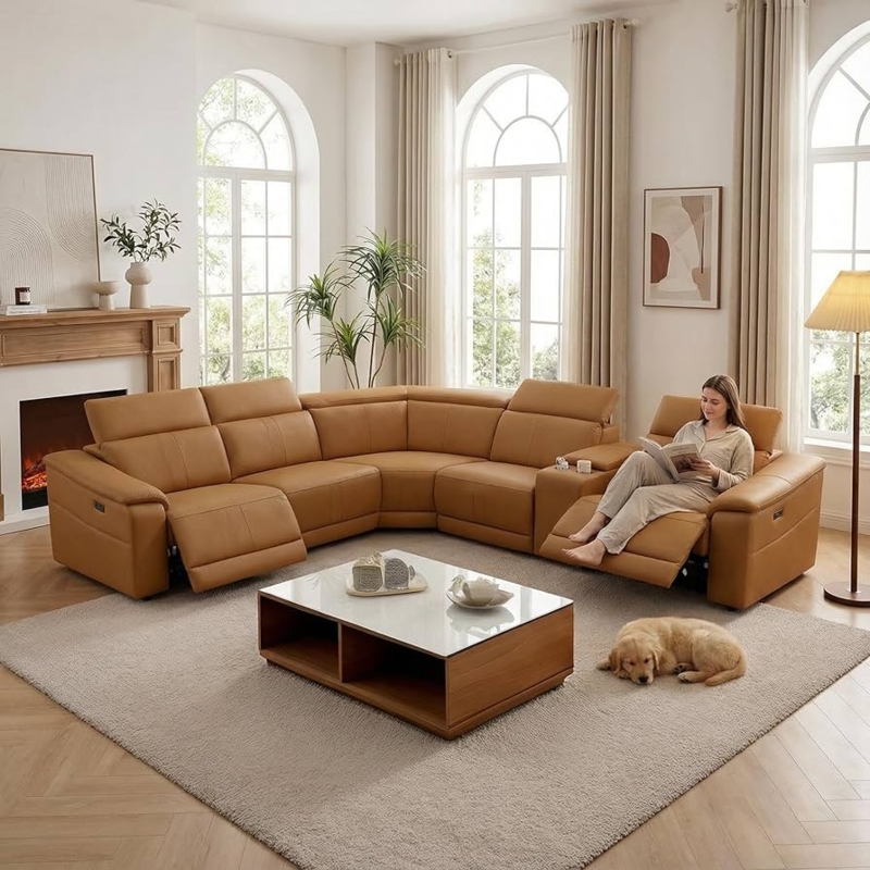 Light Brown Power Reclining Sectional Sofa with Contrast Stitching