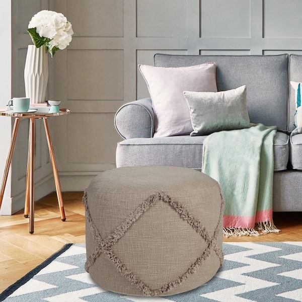 Light Brown Square Pouf, Chunky Diamond Weave Boho Ottoman