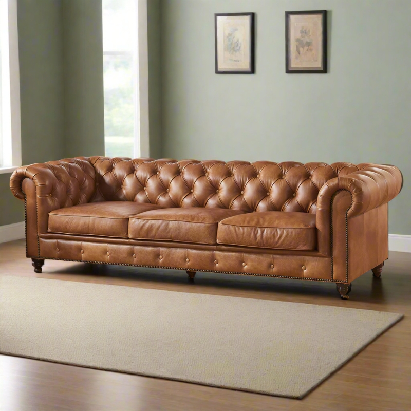 Light Chestnut Chesterfield Sofa Leather Like Distressed Finish Bun Feet