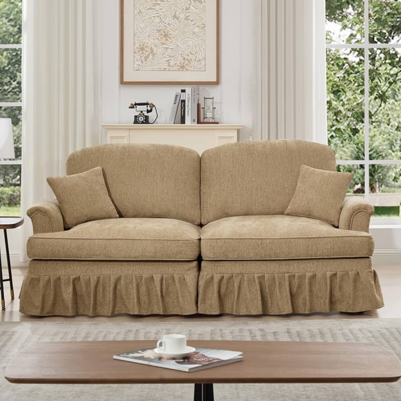 Light Coffee Loveseat with Pleated Skirt & Flared Arms