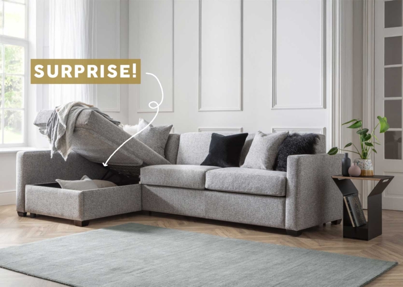 Light Gray L-Shaped Sectional, Integrated Wood Side Table