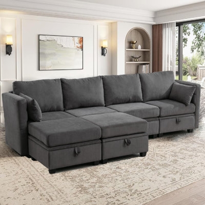 Light Gray Modular Sectional Sofa featuring Grid Tufting Detail