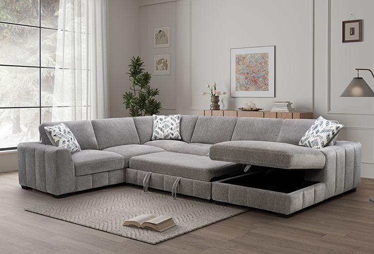 Light Gray Sectional Sofa, Pop-Up Trundle with Integrated Chaise