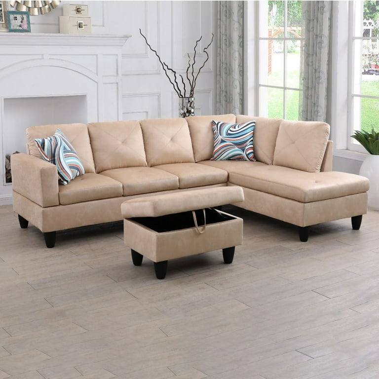 Light Gray Sectional Sofa with Ottoman and Tufted Back Cushions