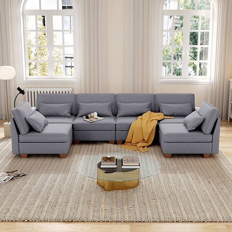 Light Gray Sectional Sofa with Track Arms and L-Shaped Silhouette