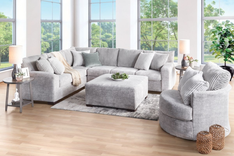 Light Gray Sectional with Flared Arms and Chaise